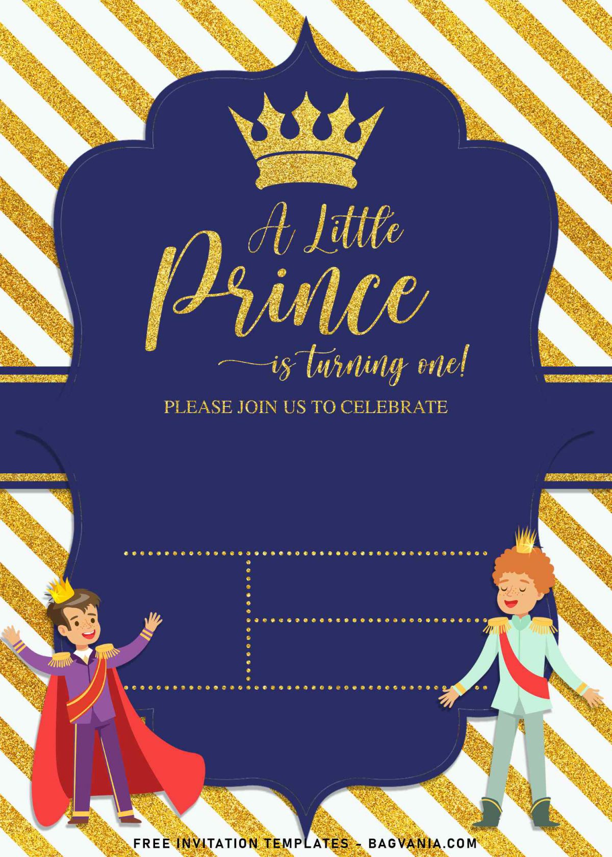 10+ Sparkling Gold Glitter Prince Birthday Invitation Templates and has Diagonal Stripe Background