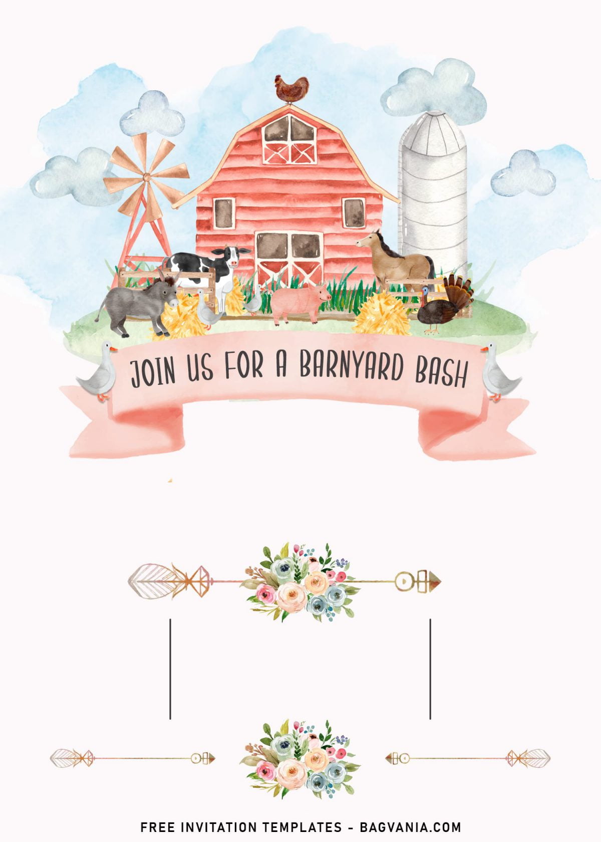 11+ Whimsical Farm Birthday Party Invitation Templates and has watercolor painting of silo