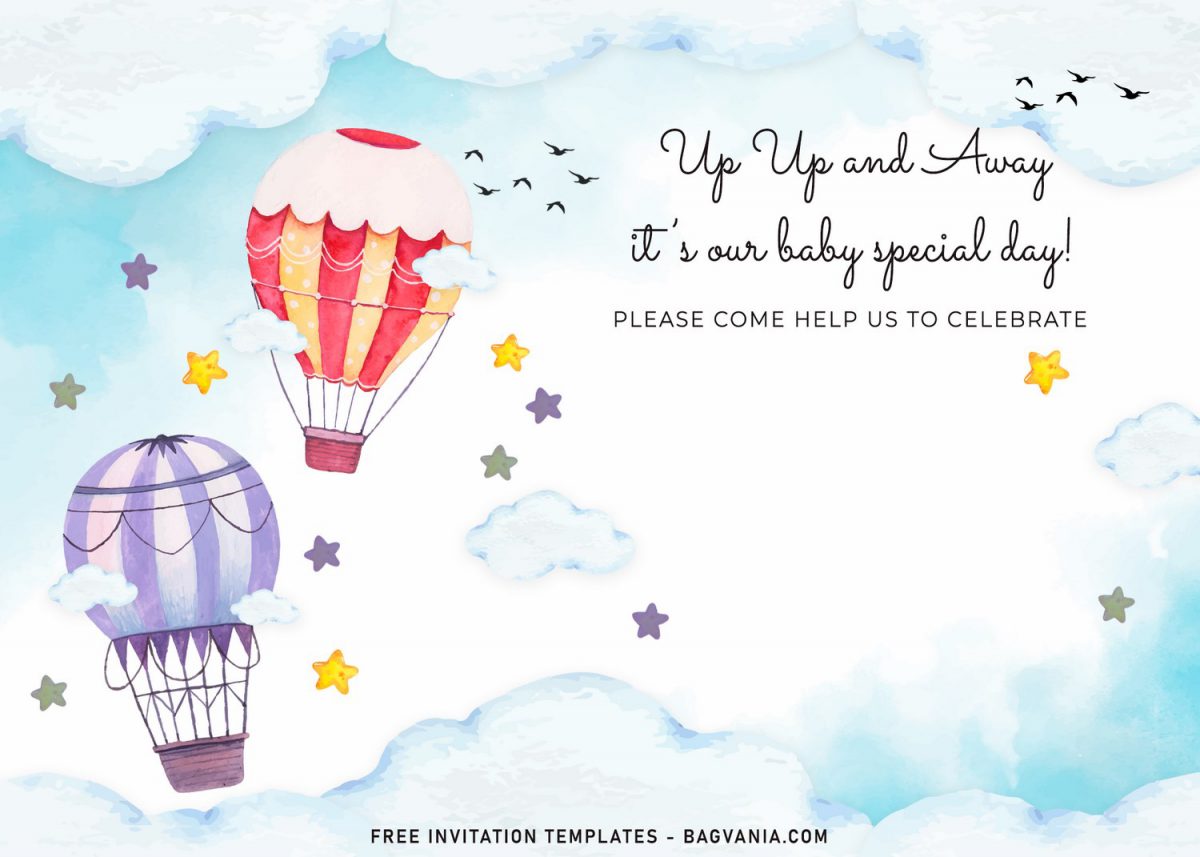 7+ Watercolor Hot Air Balloons Birthday Invitation Templates and has hot air balloons flying above the sky