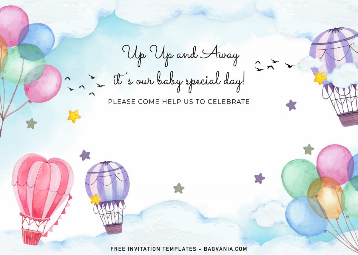 7+ Watercolor Hot Air Balloons Birthday Invitation Templates and has cute colorful balloons
