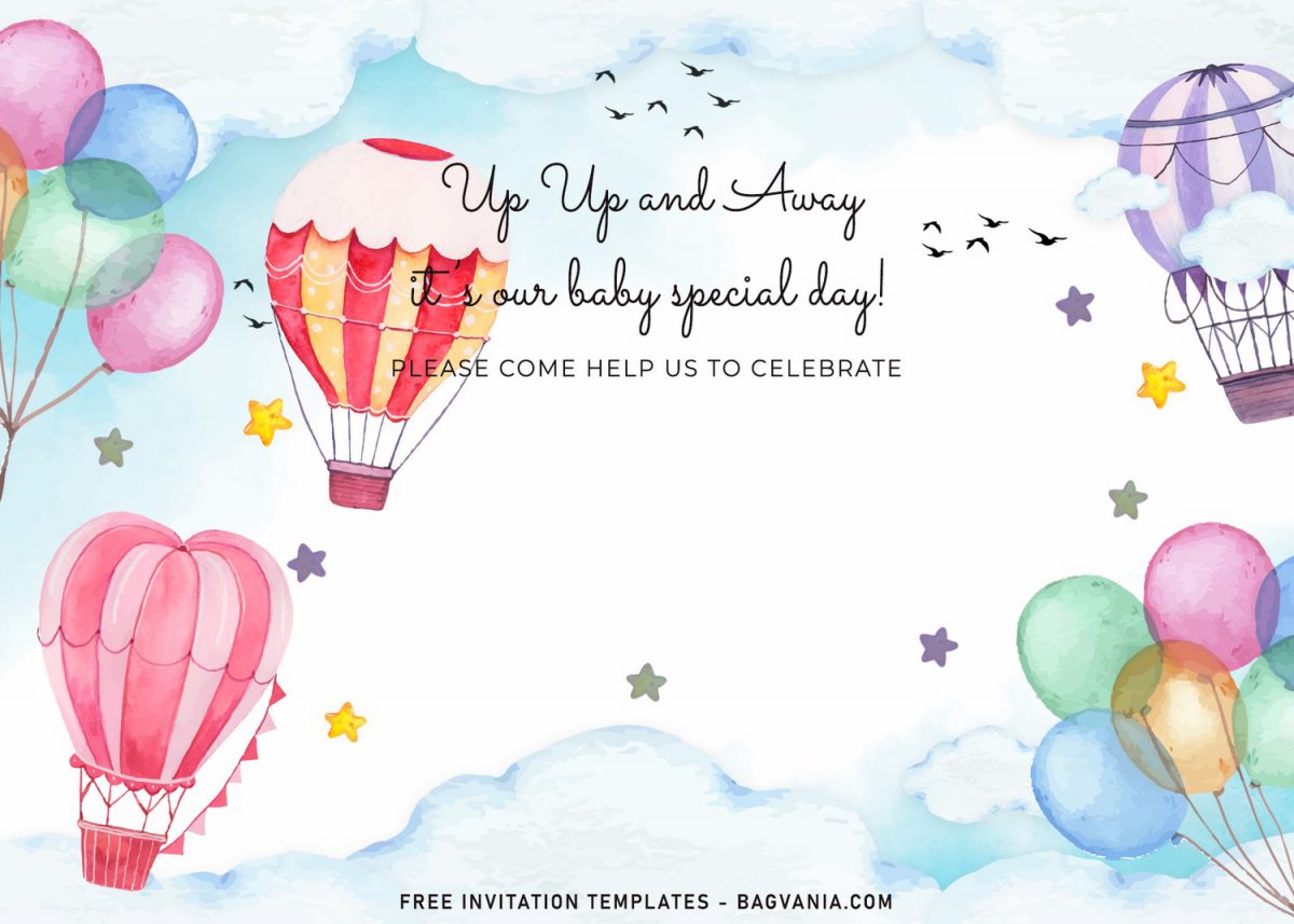 7+ Watercolor Hot Air Balloons Birthday Invitation Templates and has pristine white clouds