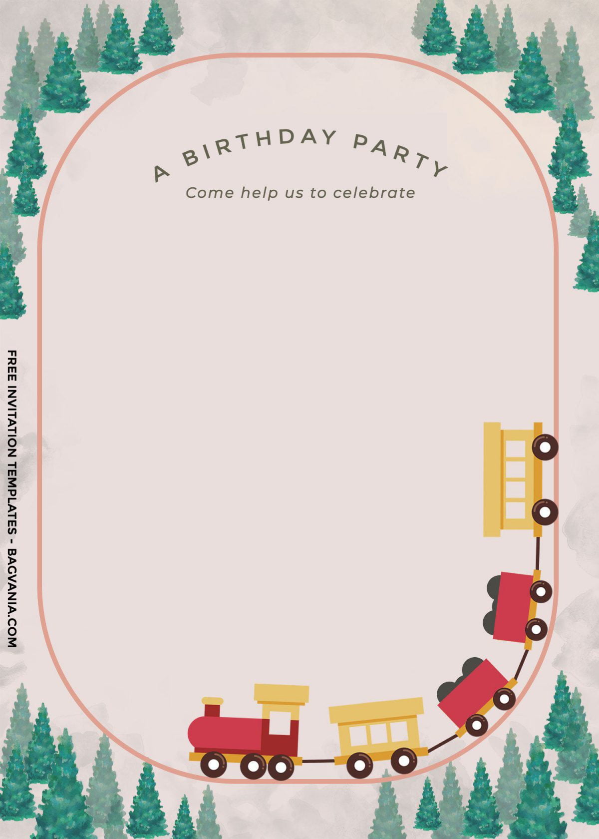 8+ Cute Vintage Train Themed Birthday Invitation Templates and has custom watercolor evergreen trees border
