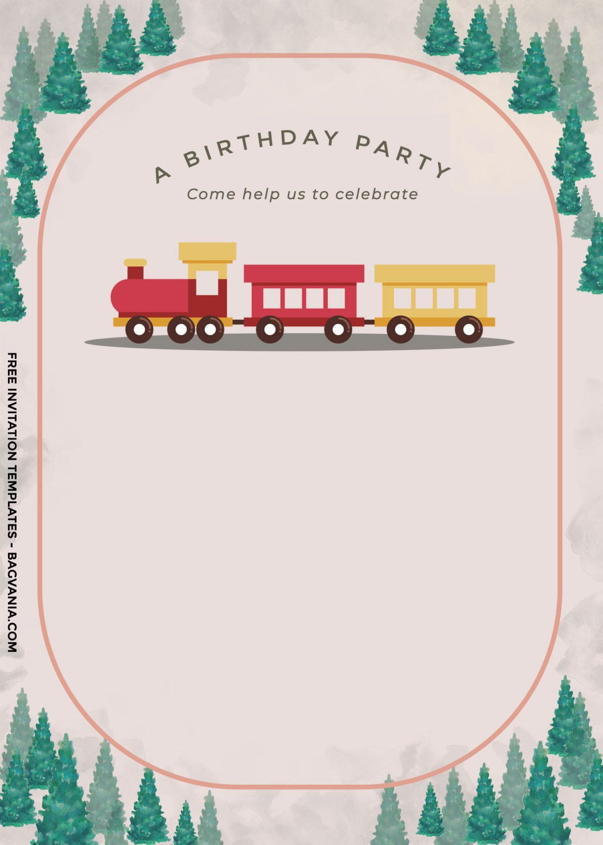 8+ Cute Vintage Train Themed Birthday Invitation Templates and has evergreen trees