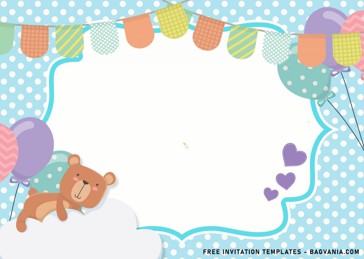 8+ Cute Baby Bear Birthday Invitation Templates and has colorful balloons and cute teddy bear sleeps on white fluffy cloud