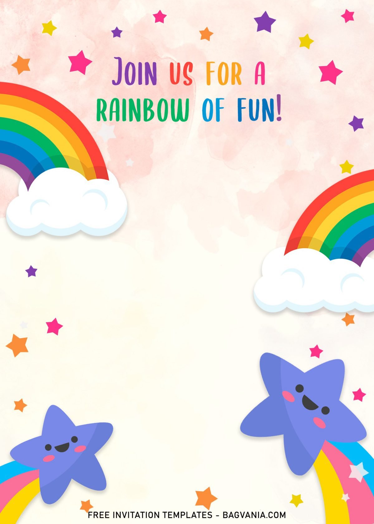 9+ Colorful Rainbow Invitation Card Templates For A Whimsical Birthday Party and has fluffy white clouds and colorful wording