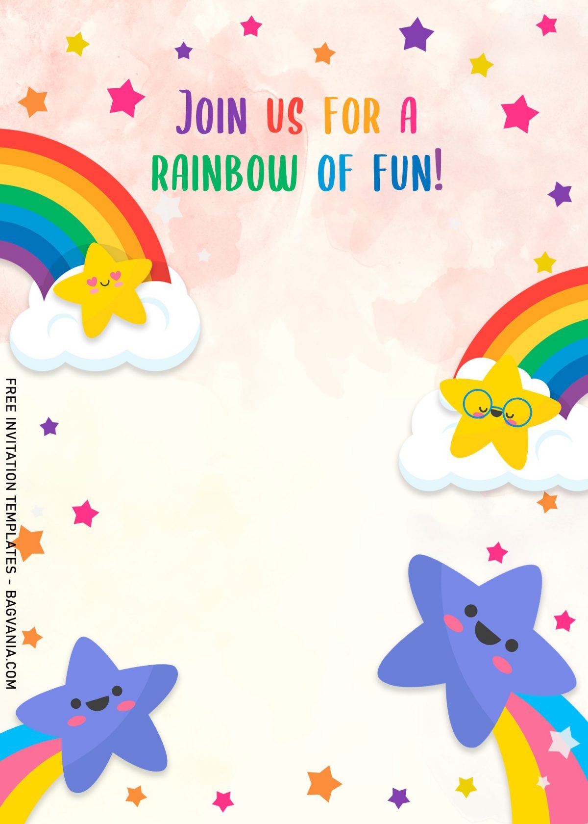 9+ Colorful Rainbow Invitation Card Templates For A Whimsical Birthday Party and has cute yellow star wear eyeglasses