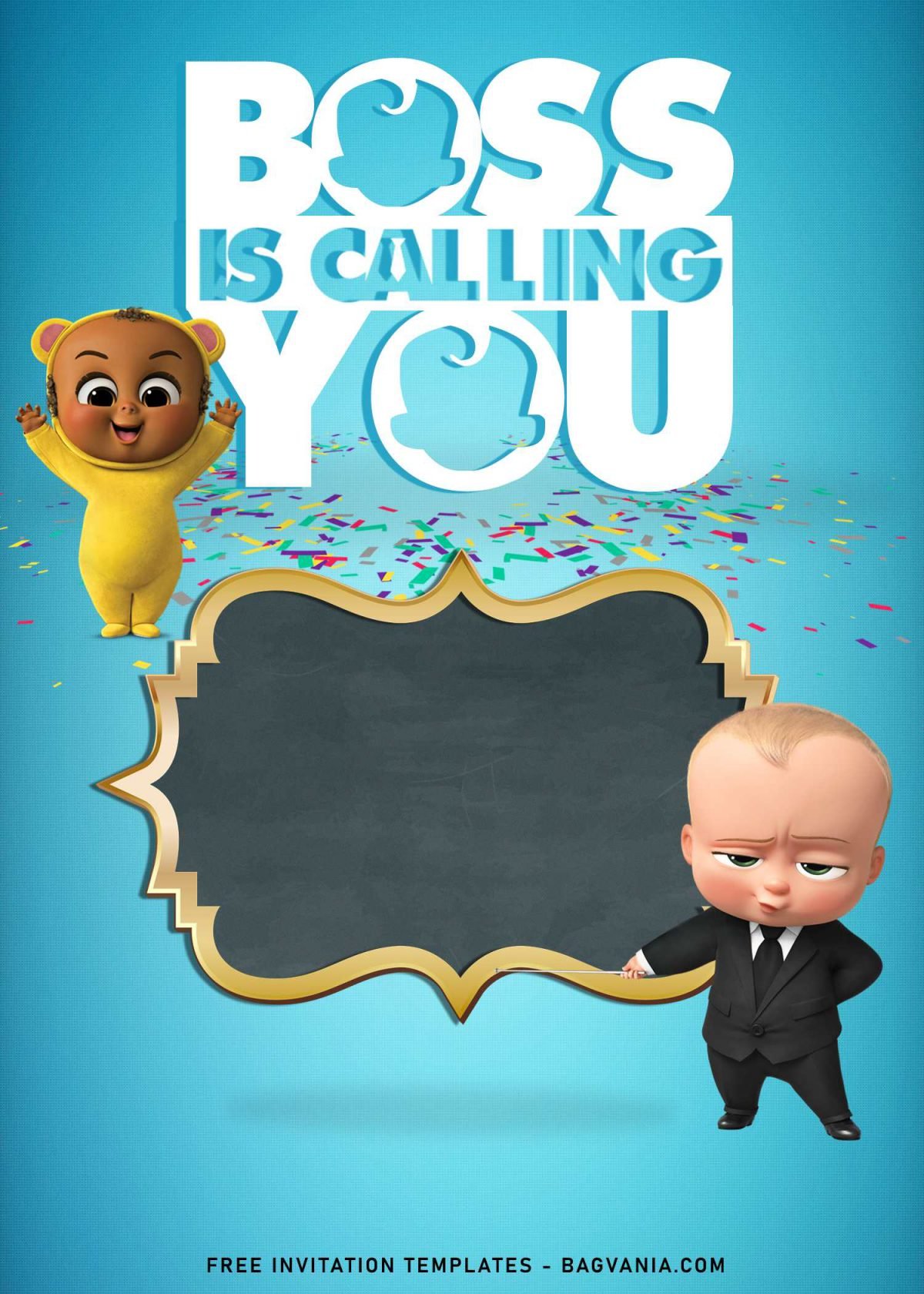 10+ Boss Baby Birthday Invitation Templates and has golden text frame and blackboard layer