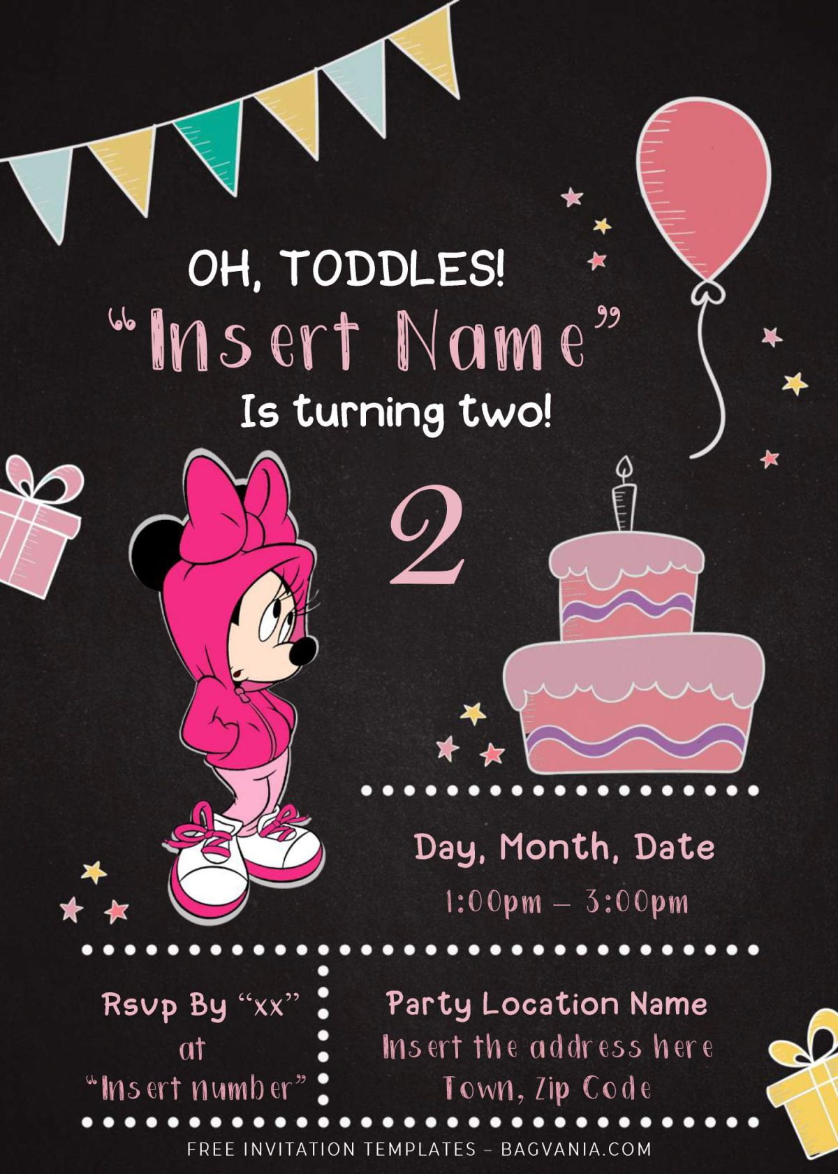 Free Minnie Mouse Chalkboard Birthday Invitation Templates For Word and has adorable and swag Minnie mouse in pink hoodie