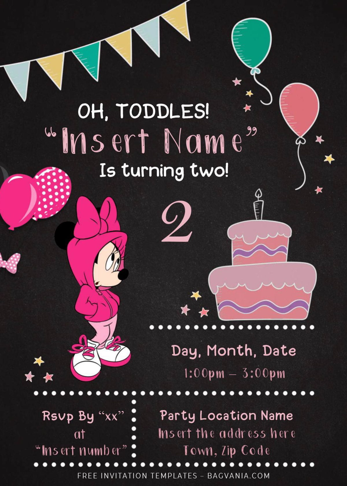 Free Minnie Mouse Chalkboard Birthday Invitation Templates For Word and has cute balloons and colorful bunting flags