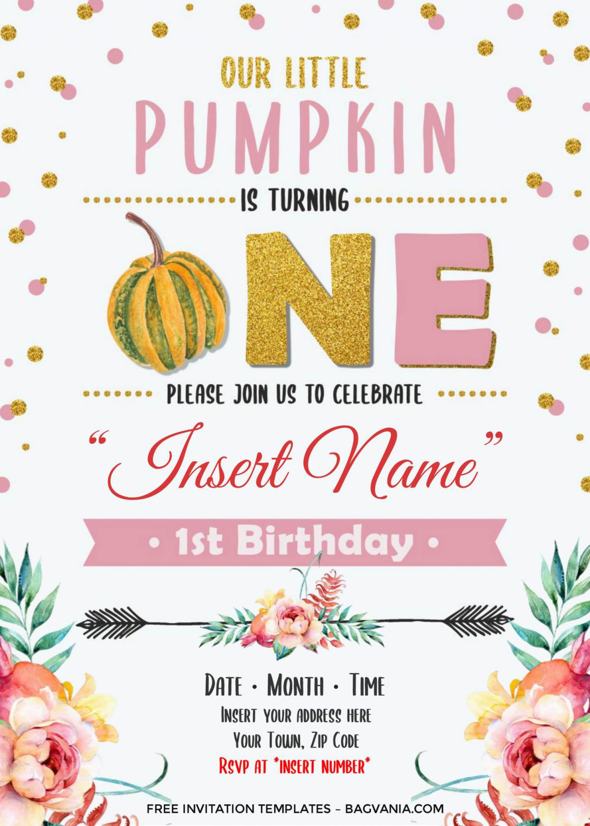 Free Pumpkin First Birthday Invitation Templates For Word and has Gold glitter polka dots pattern