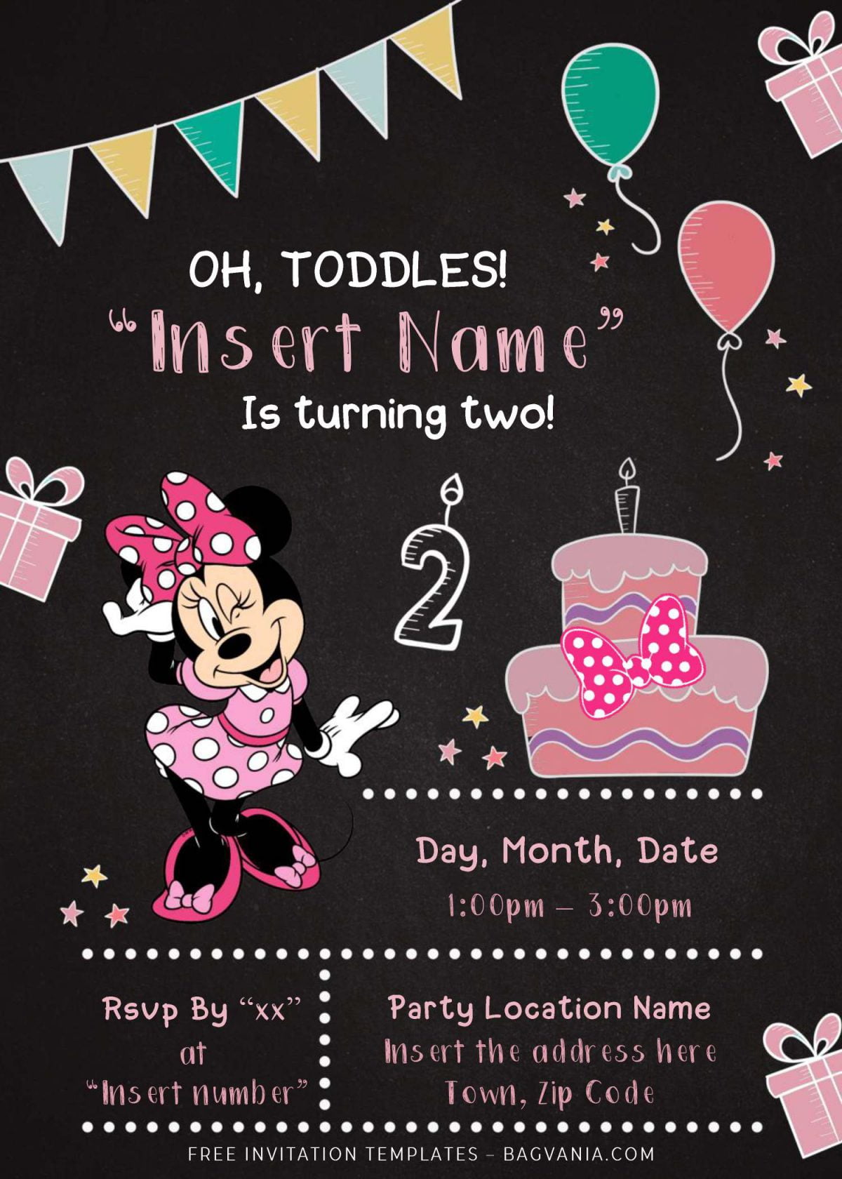 Free Minnie Mouse Chalkboard Birthday Invitation Templates For Word and has cute chalkboard drawings