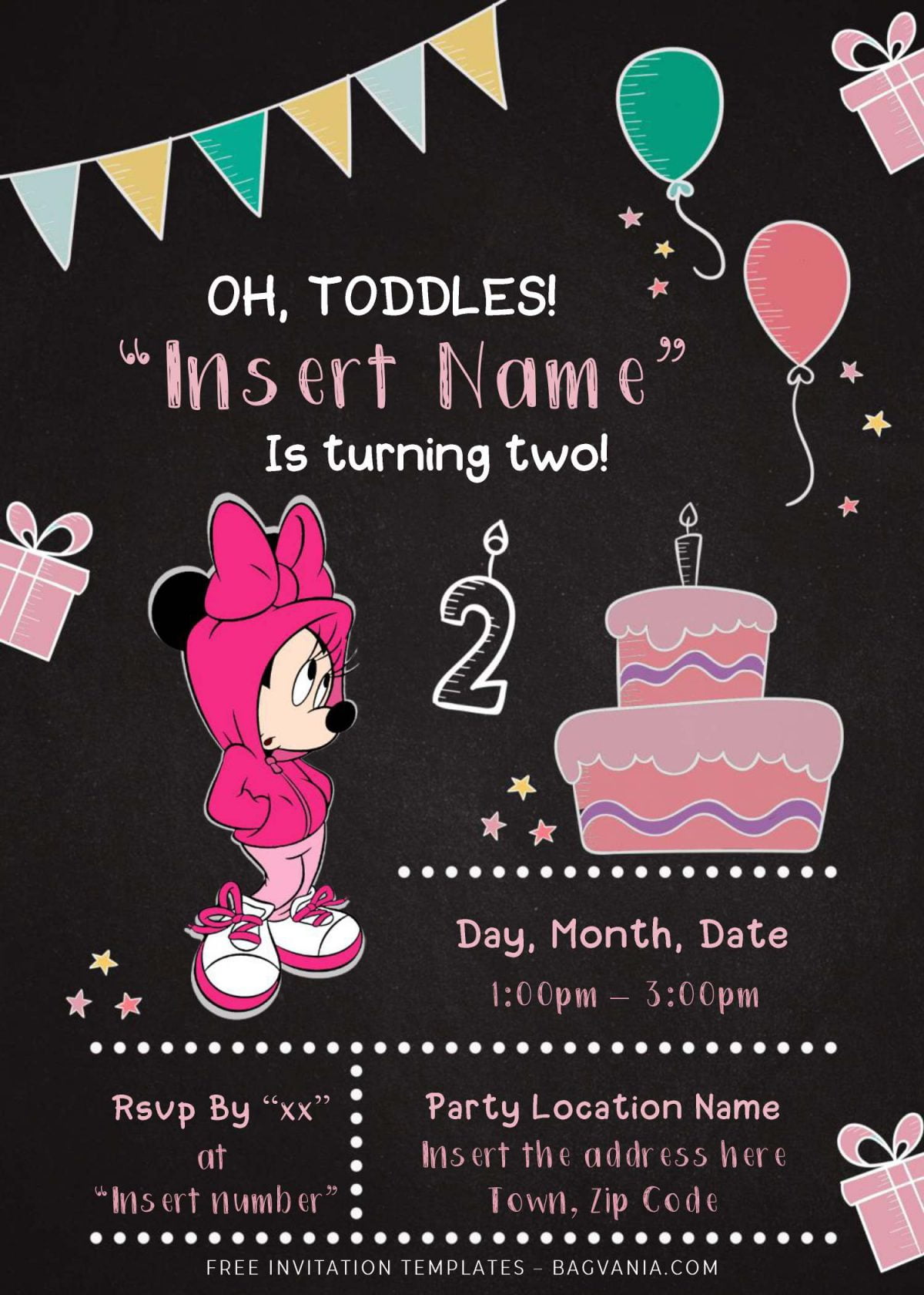 Free Minnie Mouse Chalkboard Birthday Invitation Templates For Word and has party garland and chalkboard background