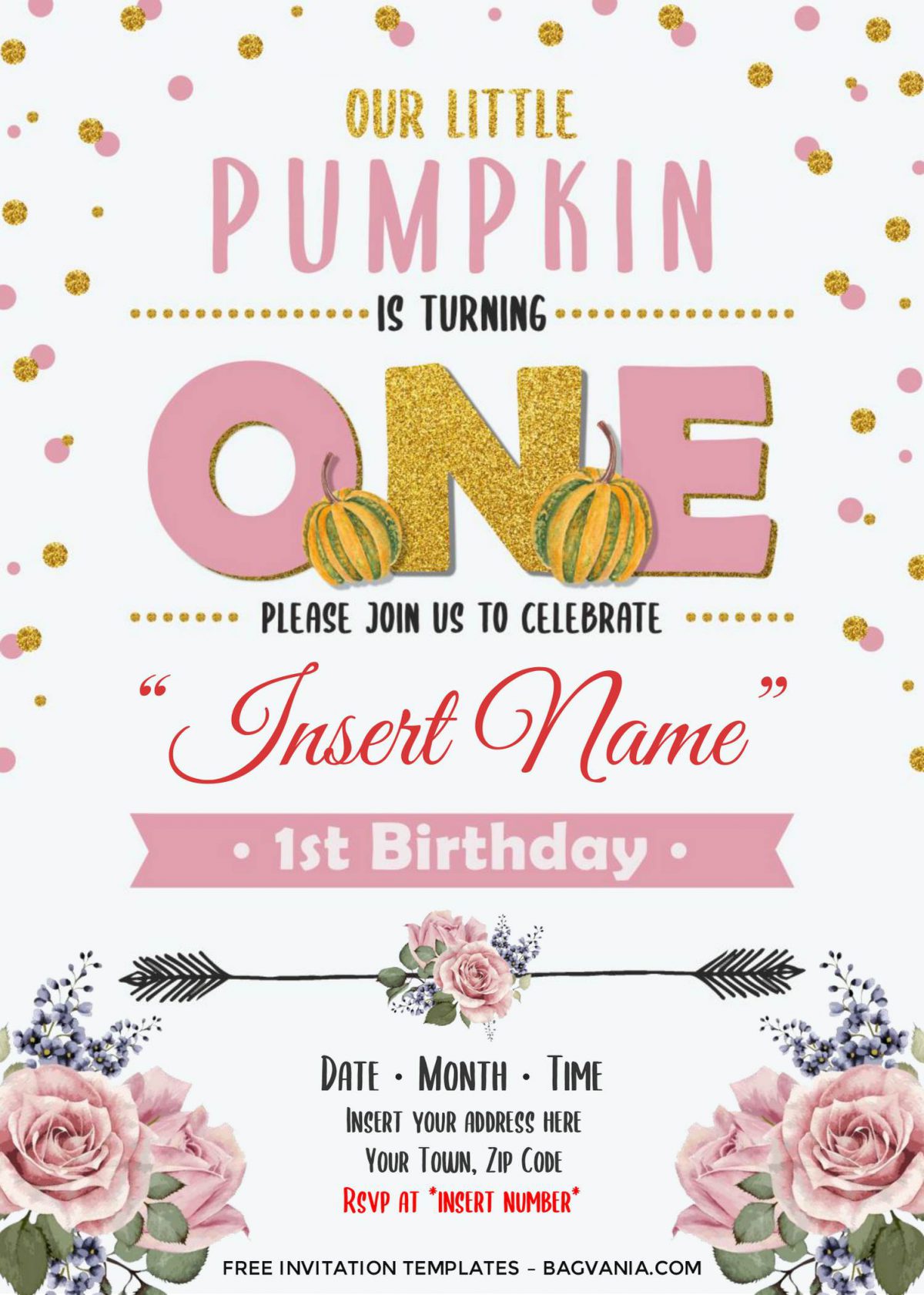 Free Pumpkin First Birthday Invitation Templates For Word and has Gold glitter text