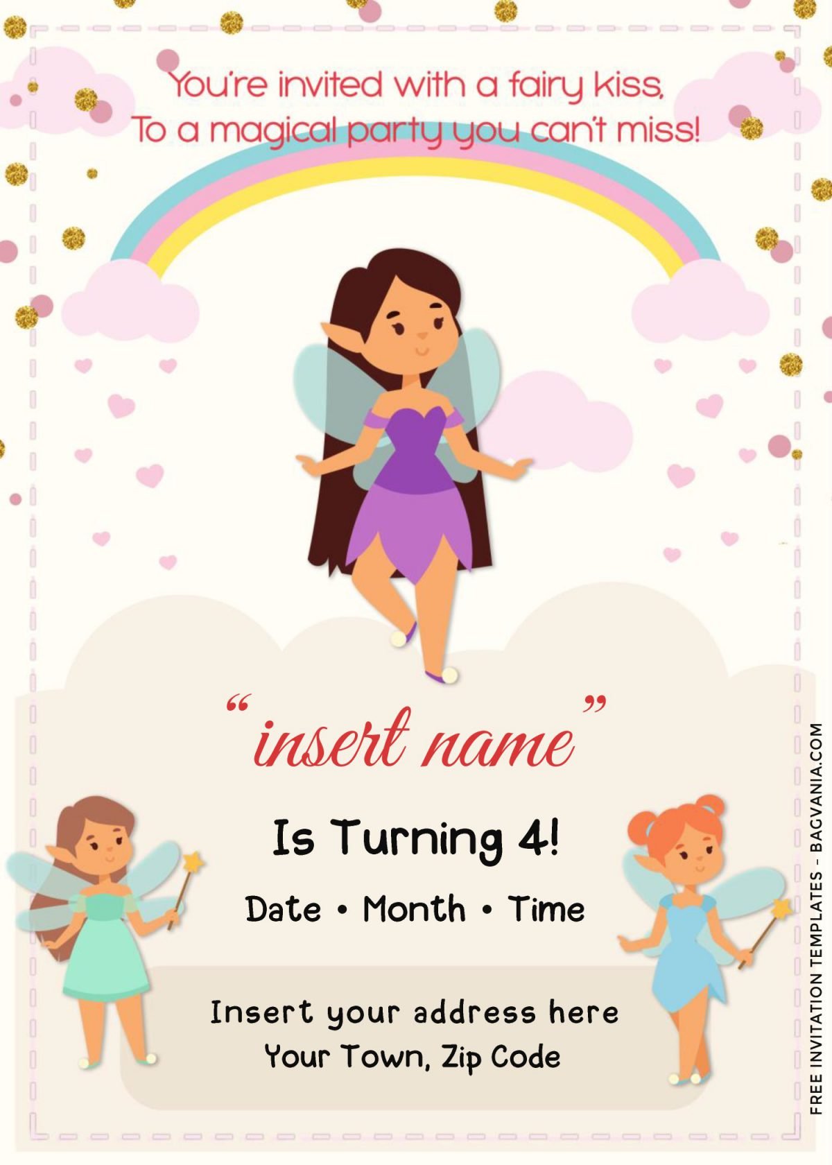 Free Rainbow Magic Fairy Birthday Invitation Templates For Word and has adorable fairies holding magic wand