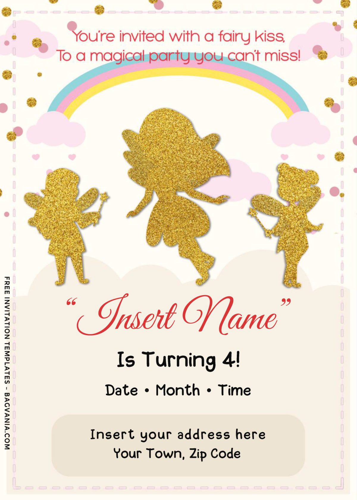 Free Rainbow Magic Fairy Birthday Invitation Templates For Word and has colorful rainbow and polka dots pattern