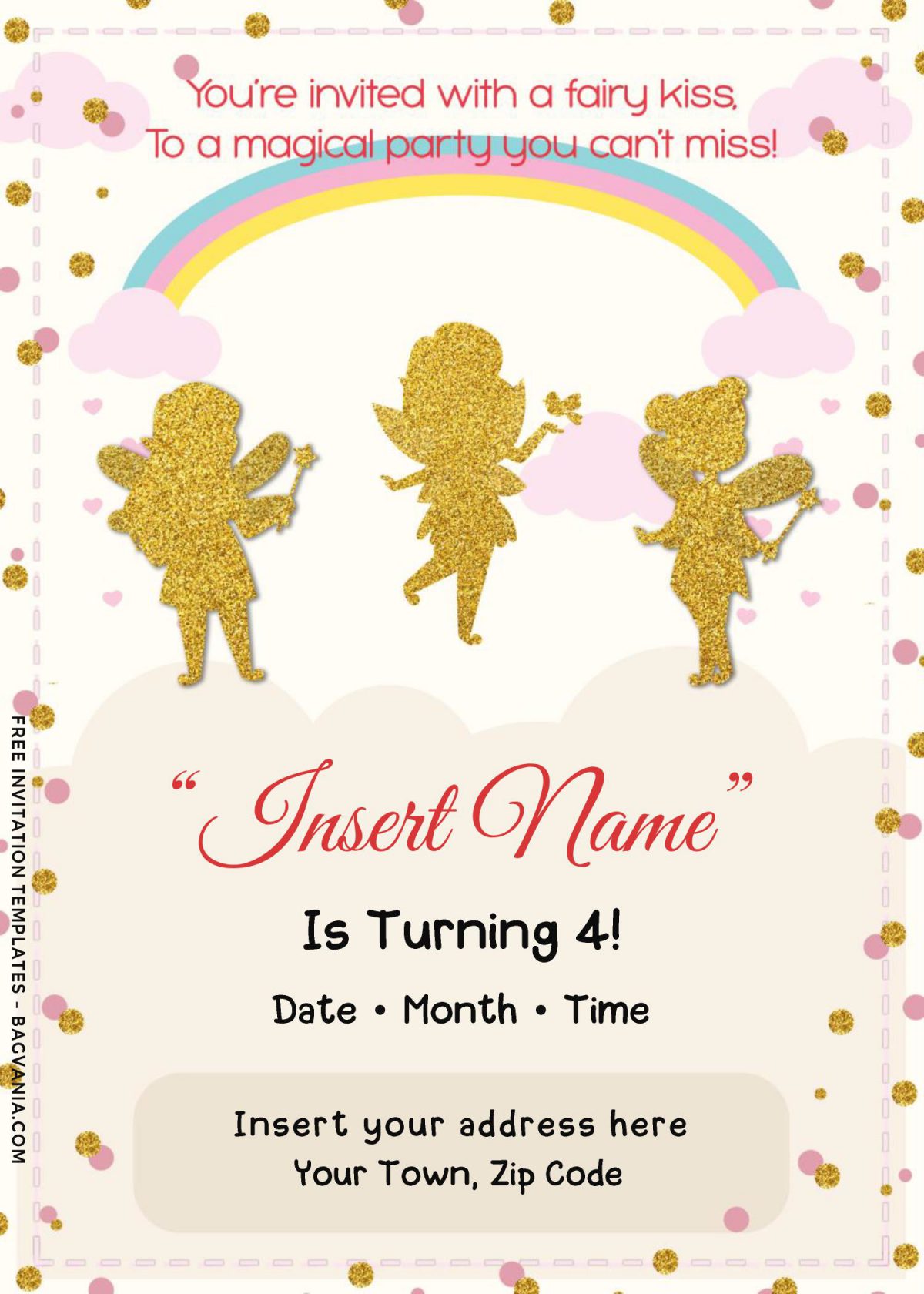 Free Rainbow Magic Fairy Birthday Invitation Templates For Word and has gold glitter Fairies 