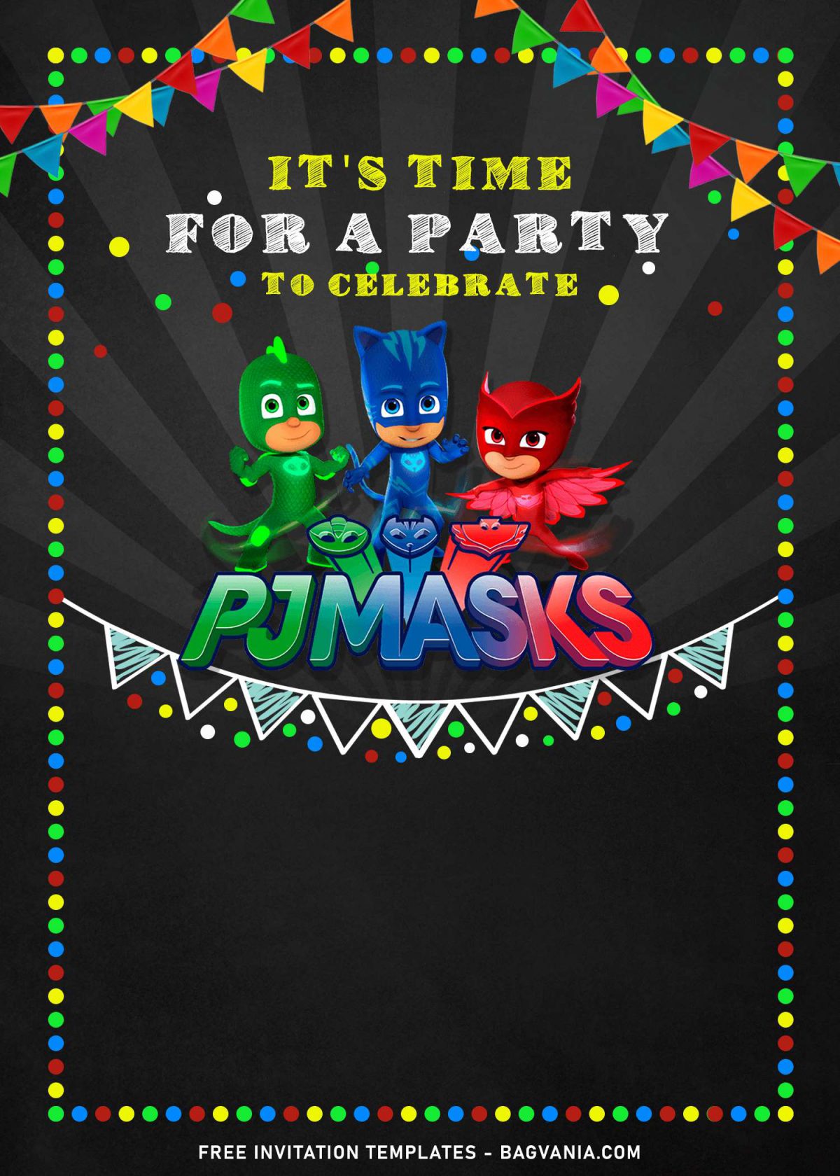10+ Gecko Owlette Catboy PJ Masks Birthday Invitation Templates and has Colorful dots border design