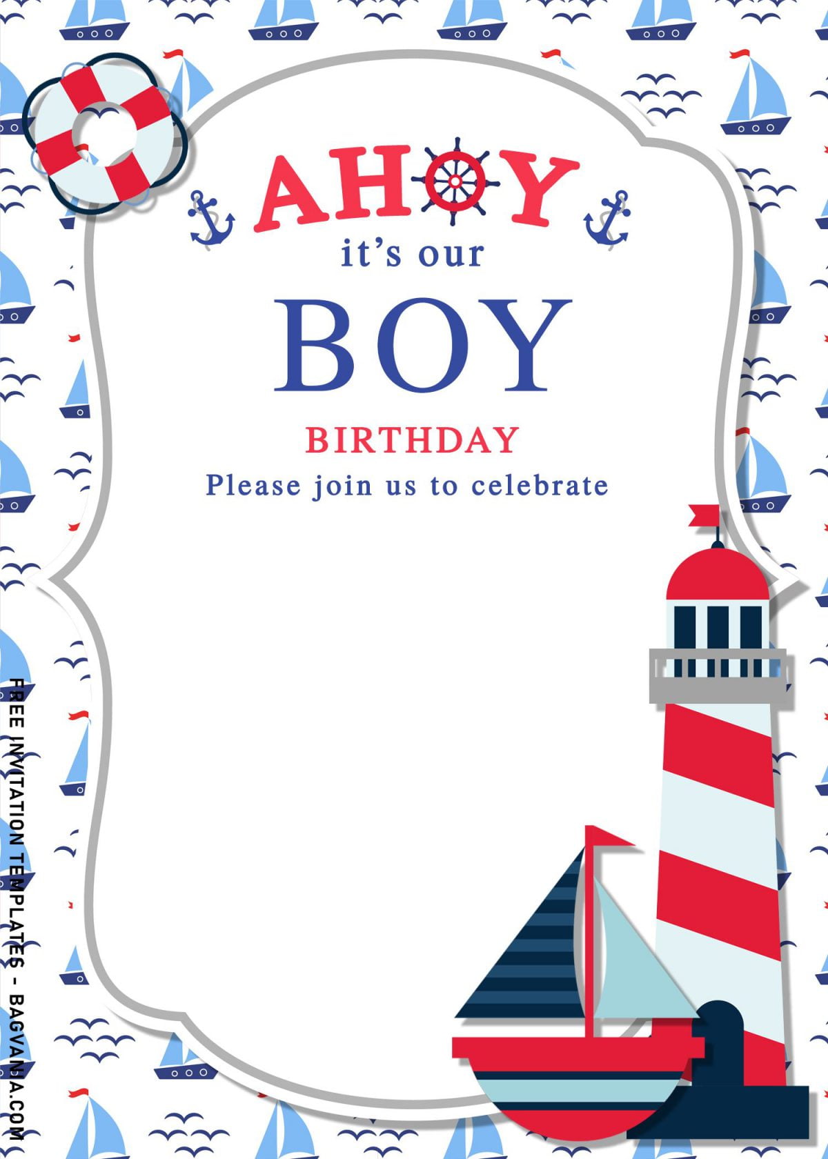 11+ Nautical Themed Birthday Invitation Templates For Your Kid’s Birthday Bash and has cute lighthouse painted in white and red