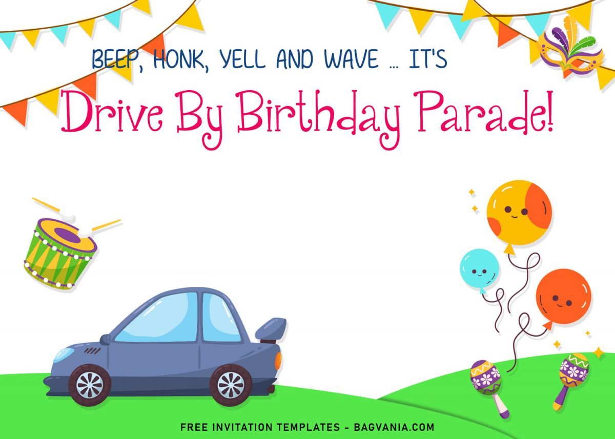 7+ Cute And Fun Drive By Parade Birthday Invitation Templates and has balloons