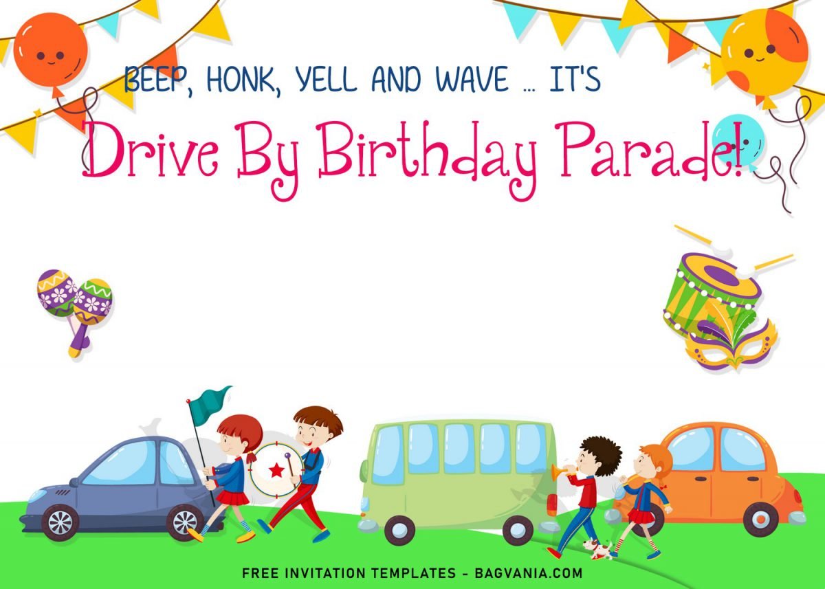 7+ Cute And Fun Drive By Parade Birthday Invitation Templates and has Cute kids on parade