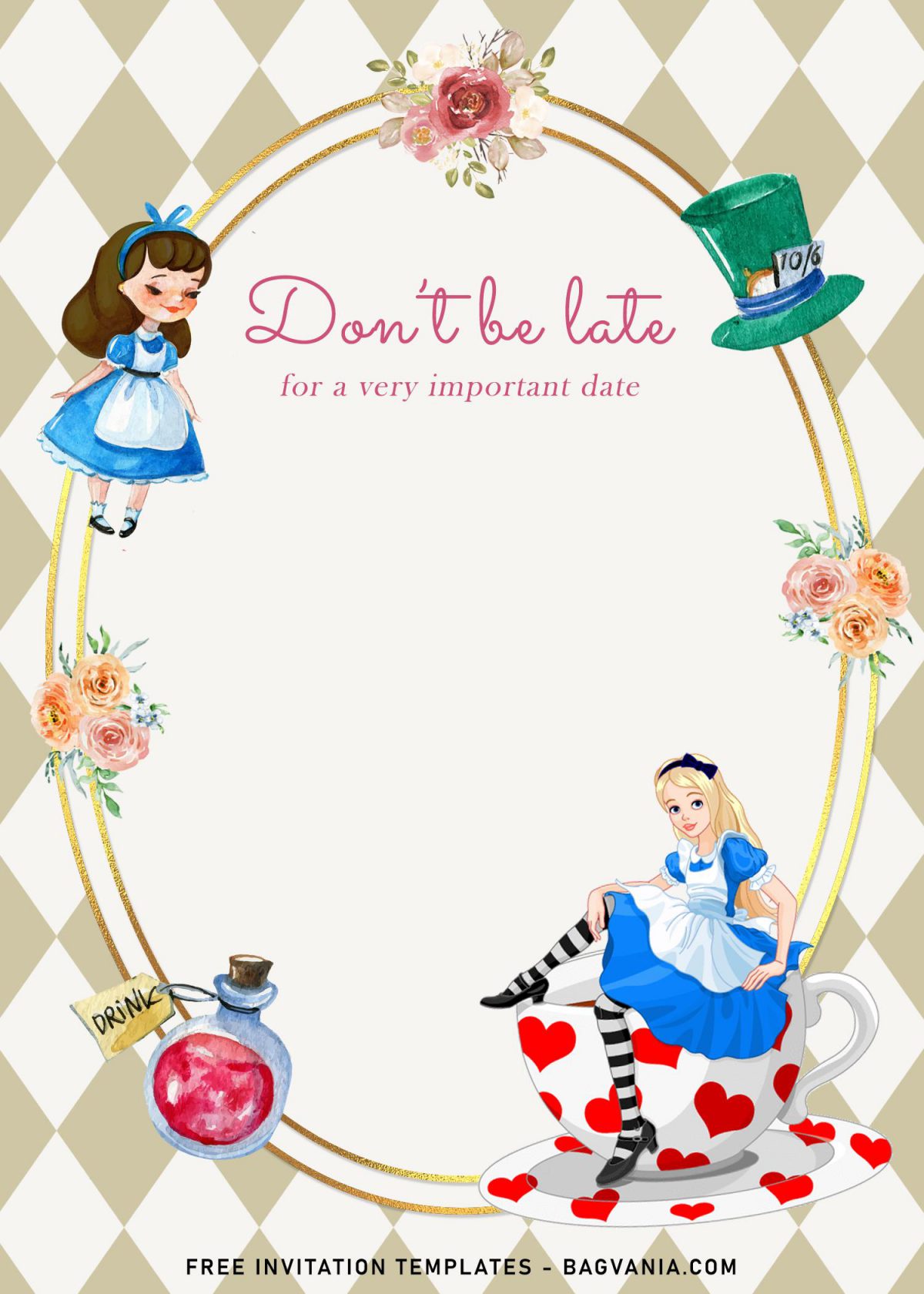 8+ Vintage Alice In Wonderland Birthday Invitation Templates and has cute Alice sitting on a cup