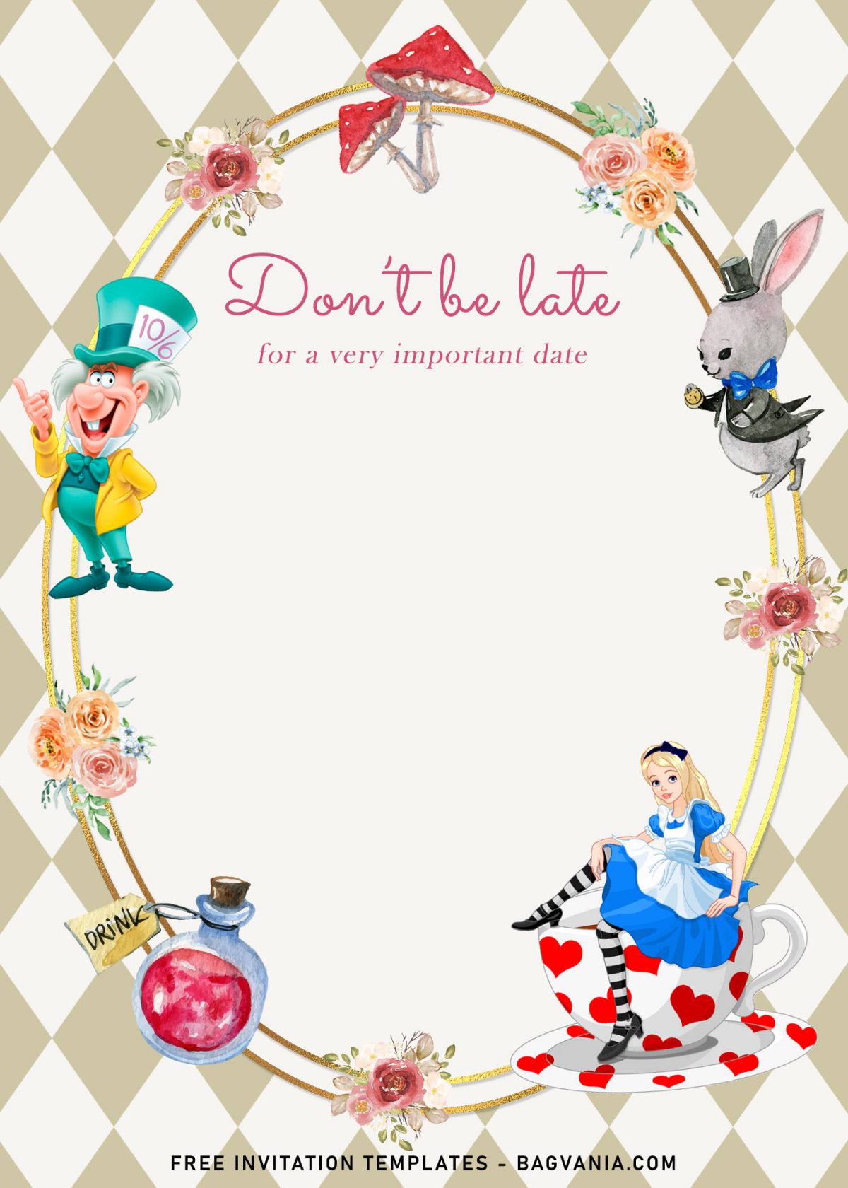 8+ Vintage Alice In Wonderland Birthday Invitation Templates and has diamond shape pattern