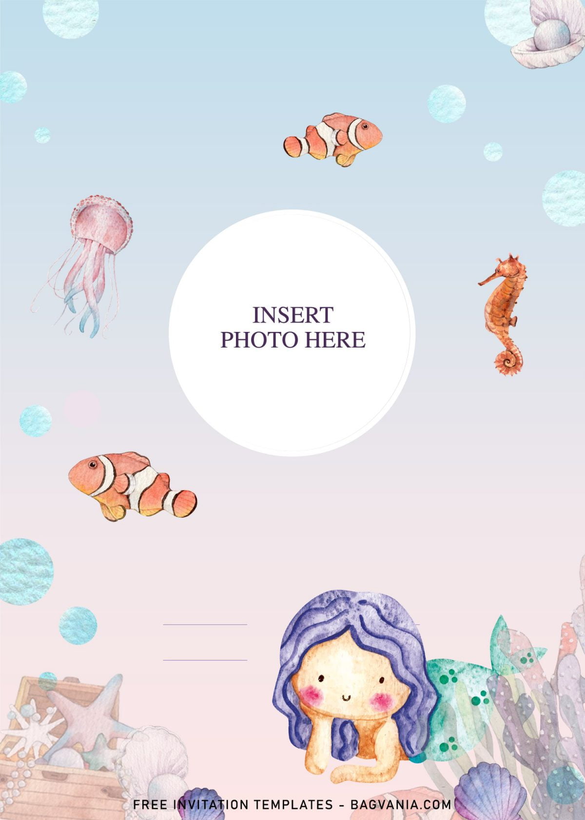 10+ Beautiful Watercolor Mermaid Under The Sea Birthday Invitation Templates and has Nemo Fish