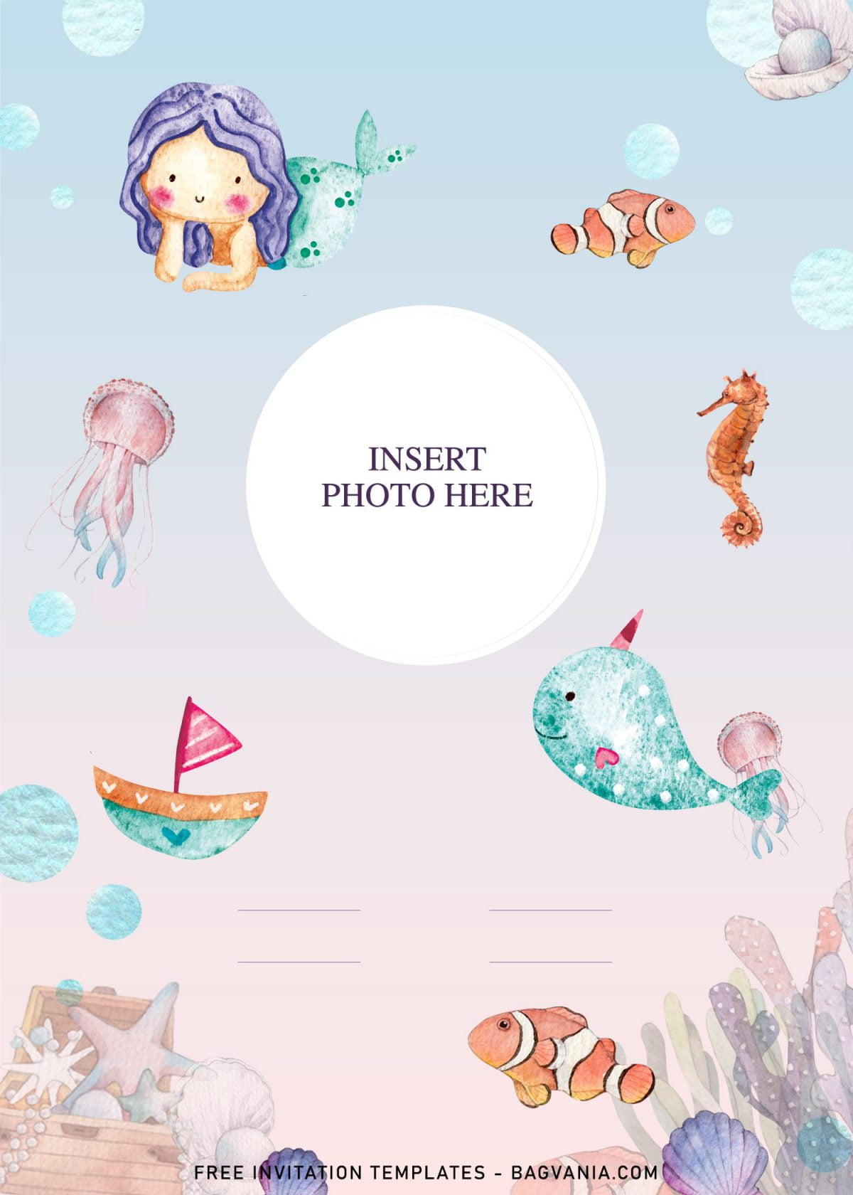 10+ Beautiful Watercolor Mermaid Under The Sea Birthday Invitation Templates and has beautiful rainbow background