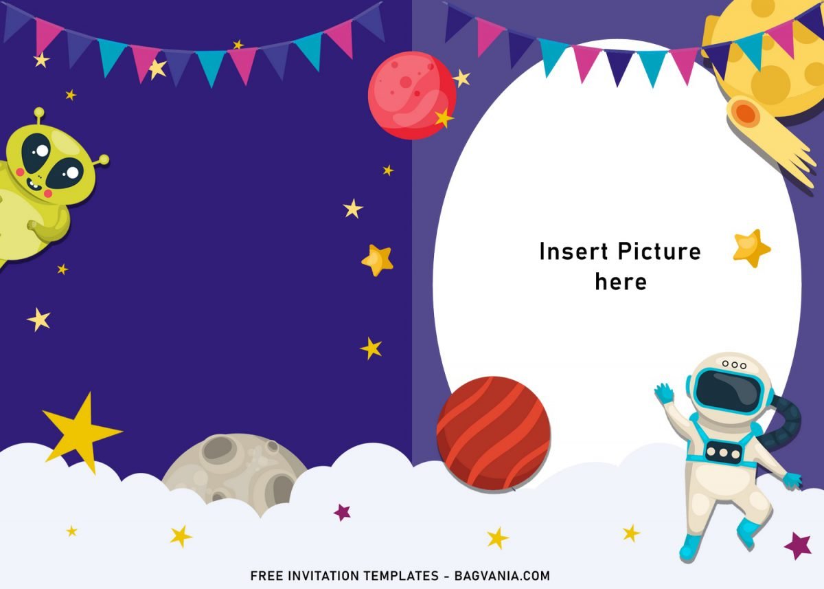 11+ Awesome Space Galaxy Birthday Invitation Templates For Your Kid's Upcoming Birthday and has Colorful Bunting Flags