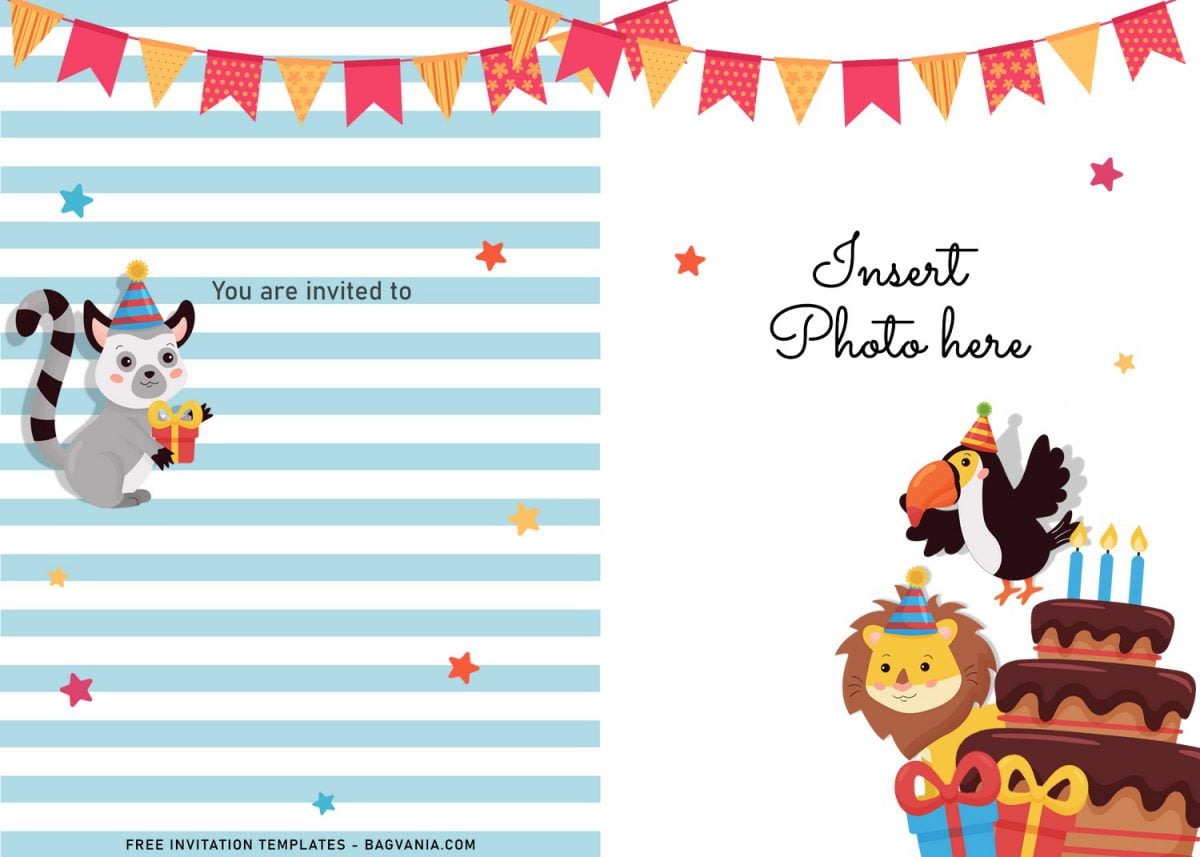 11+ Cute Birthday Baby Animals Birthday Invitation Templates For Your Kid's Birthday Party and has background with stripes pattern