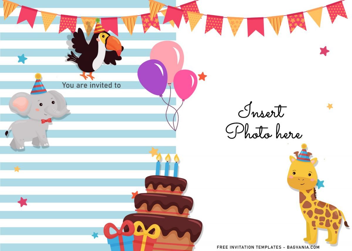 11+ Cute Birthday Baby Animals Birthday Invitation Templates For Your Kid's Birthday Party and has Colorful bunting flag or garland