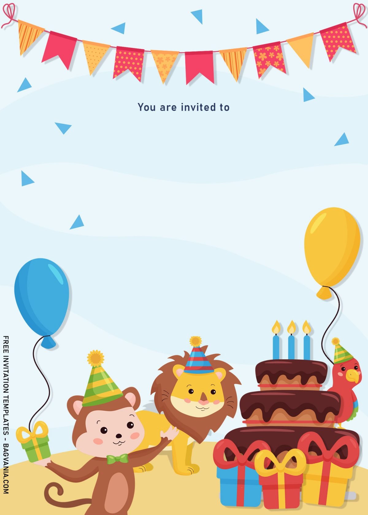 8+ Cute Woodland Animals Birthday Invitation Templates and has Blue and Yellow balloons