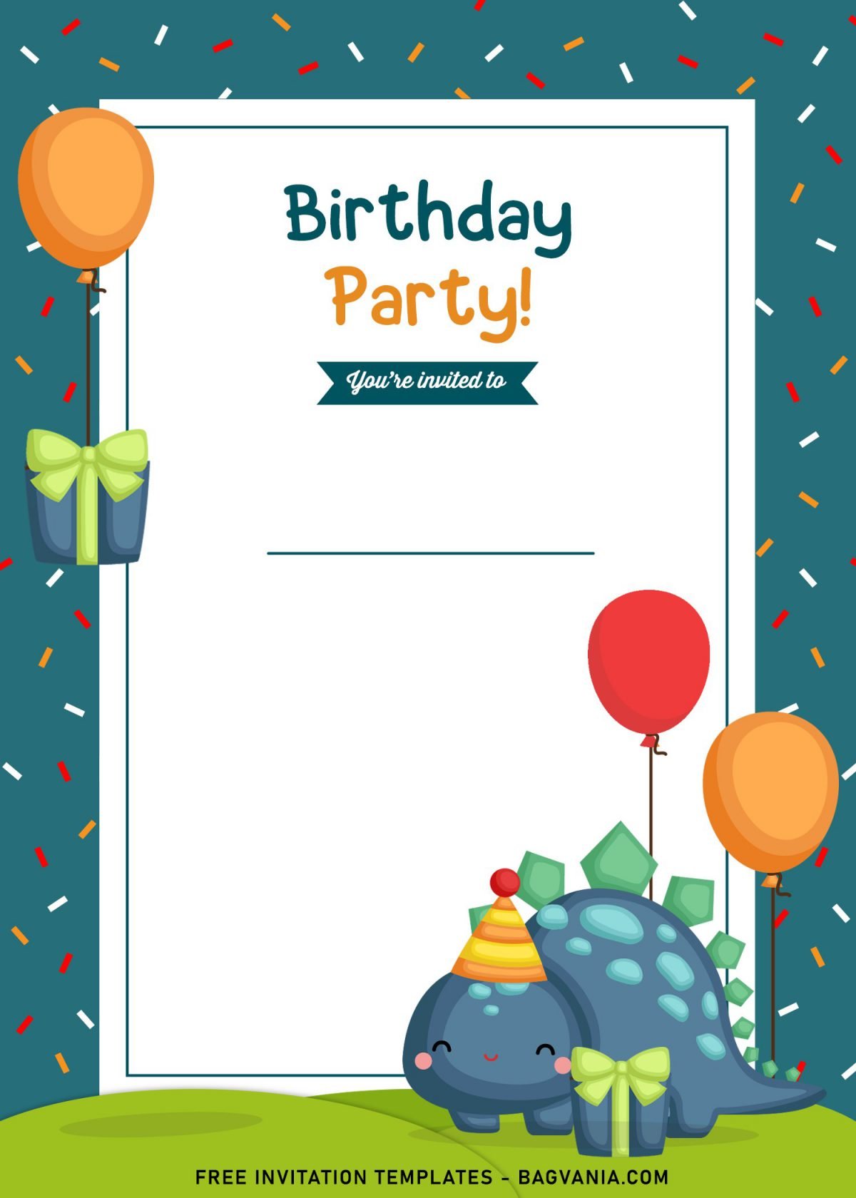 9+ Awesome Dino Party Birthday Invitation Templates and has Balloons And Birthday Gift Boxes