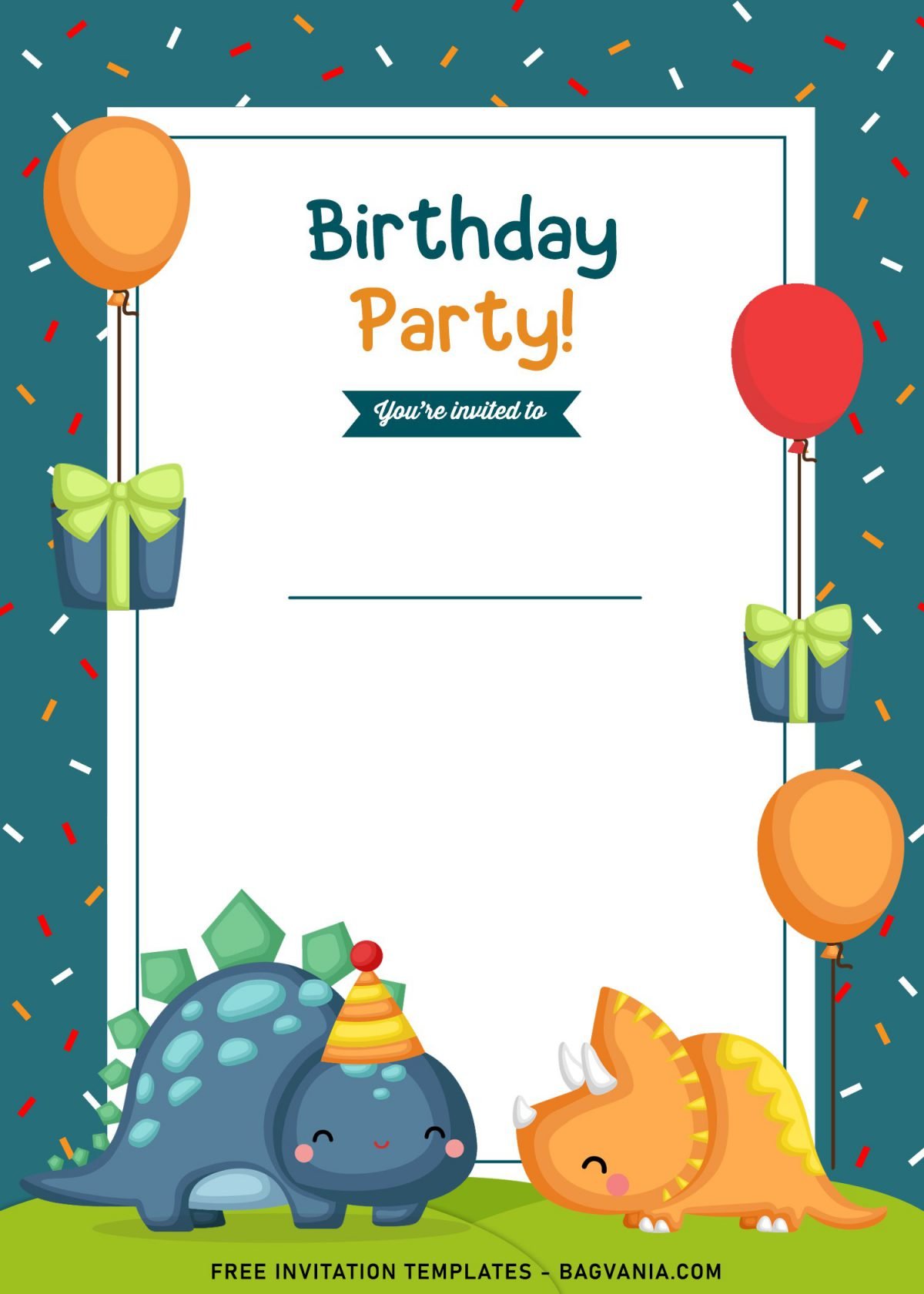 9+ Awesome Dino Party Birthday Invitation Templates and has cute Baby Stegosaurus wearing Birthday hat