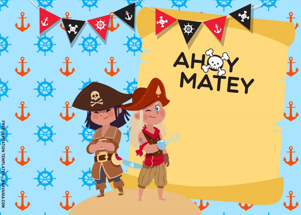 11+ Personalized Pirate Themed Birthday Invitation Templates For Your Kid’s Birthday Party and has Adorable Pirates wearing full attire on