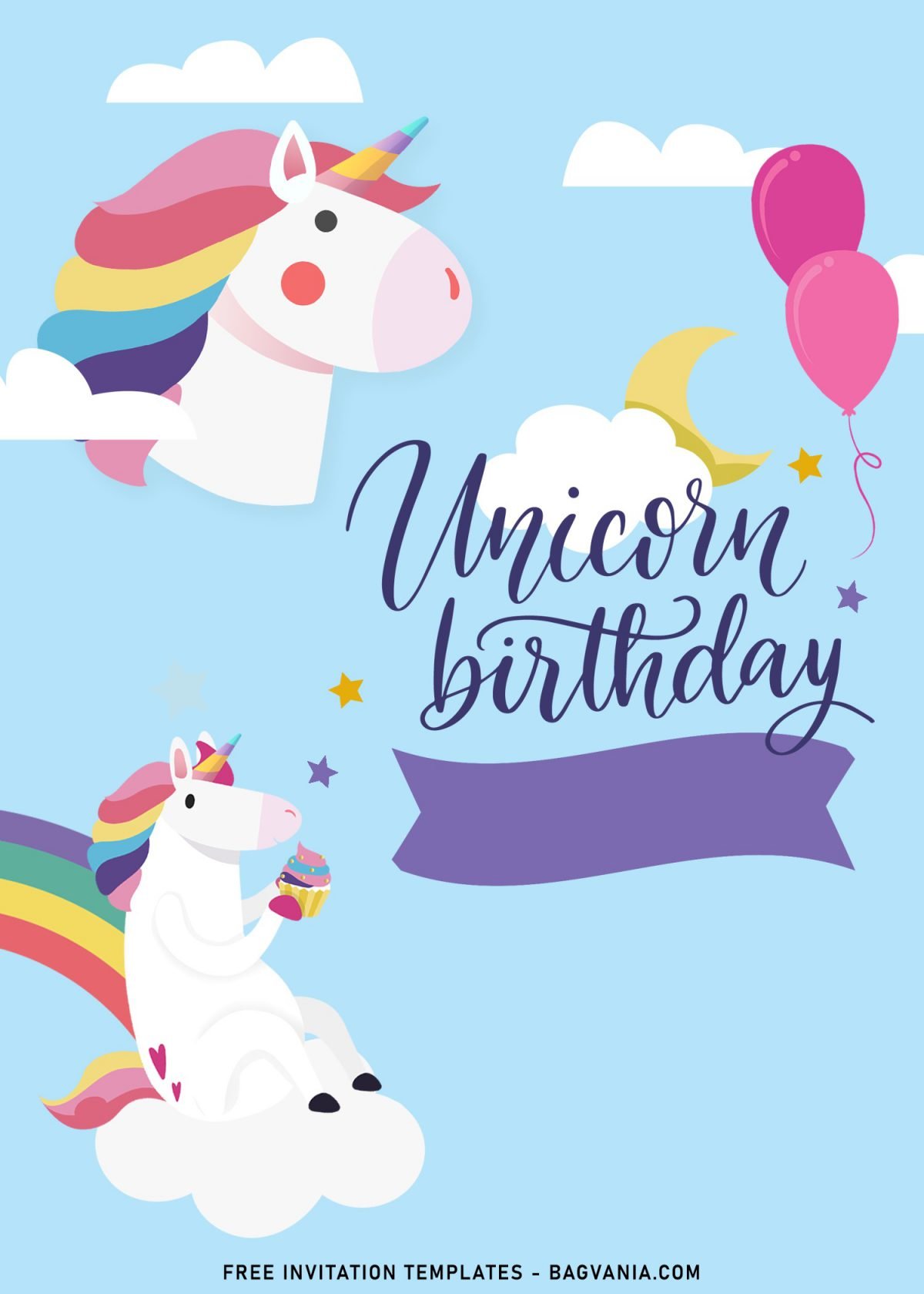 9+ Kawaii Rainbow Unicorn Birthday Invitation Templates and has cloud with crescent moon underneath