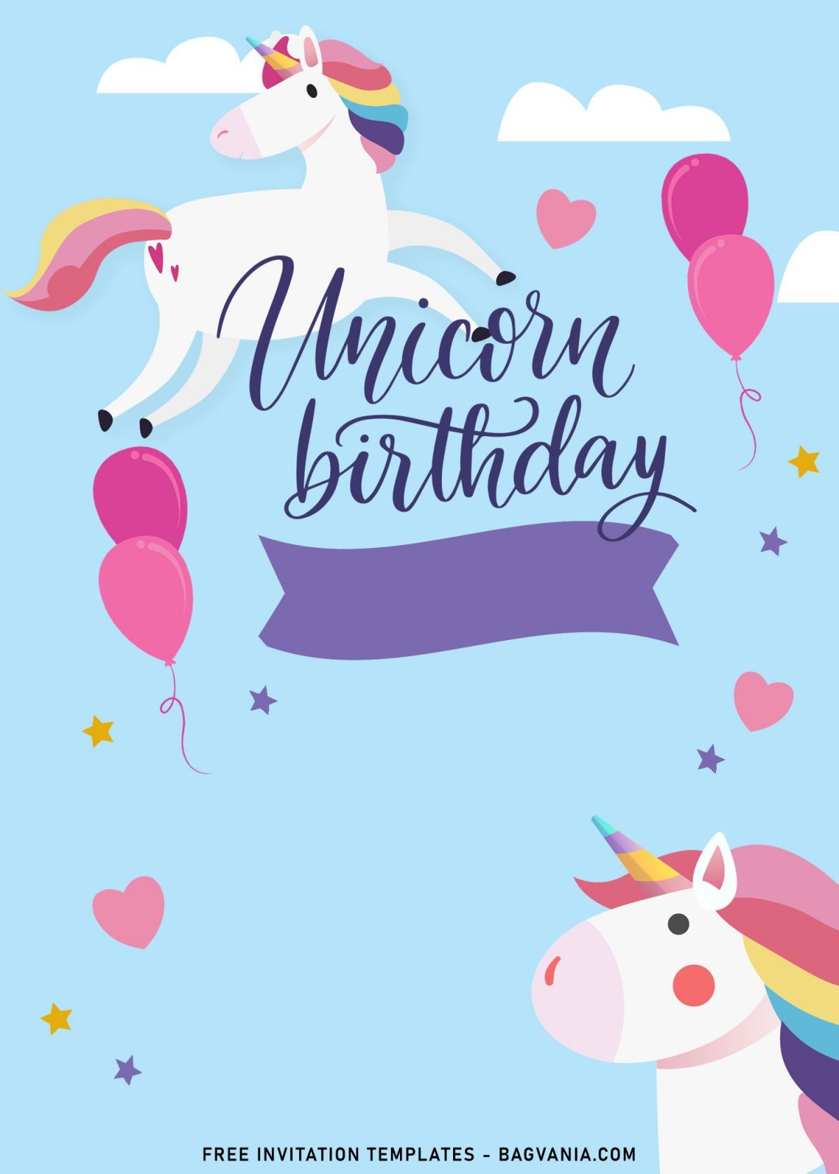 9+ Kawaii Rainbow Unicorn Birthday Invitation Templates and has Pink balloons