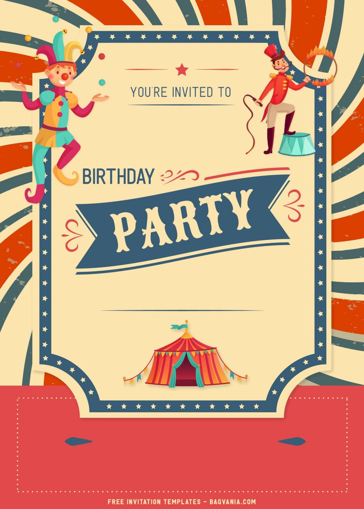8+ Cute Circus Themed Birthday Invitation Templates with sun burst or rays background