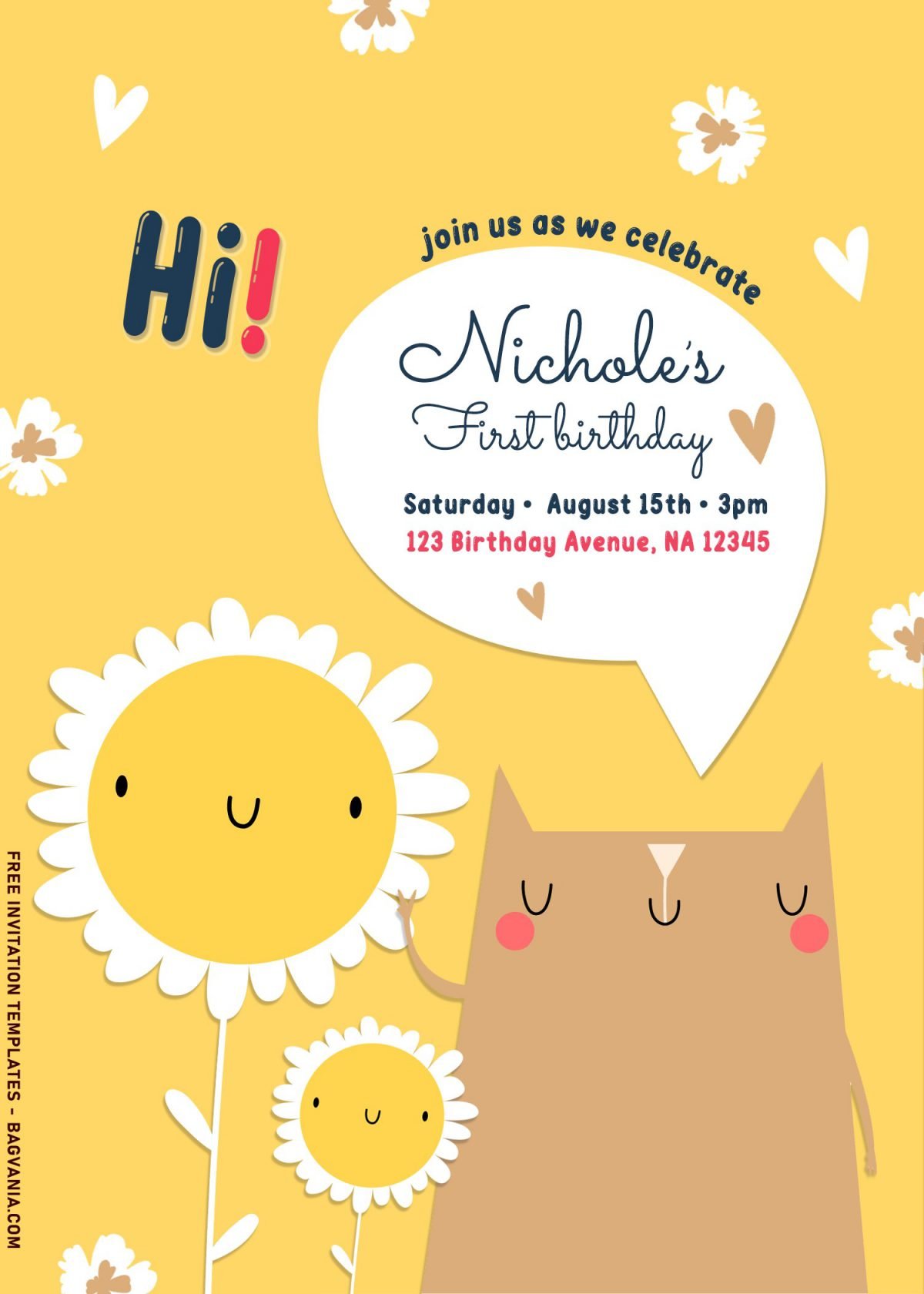 9+ Simply Cute Birthday Invitation Templates With Flower And Adorable Cat and has yellow background