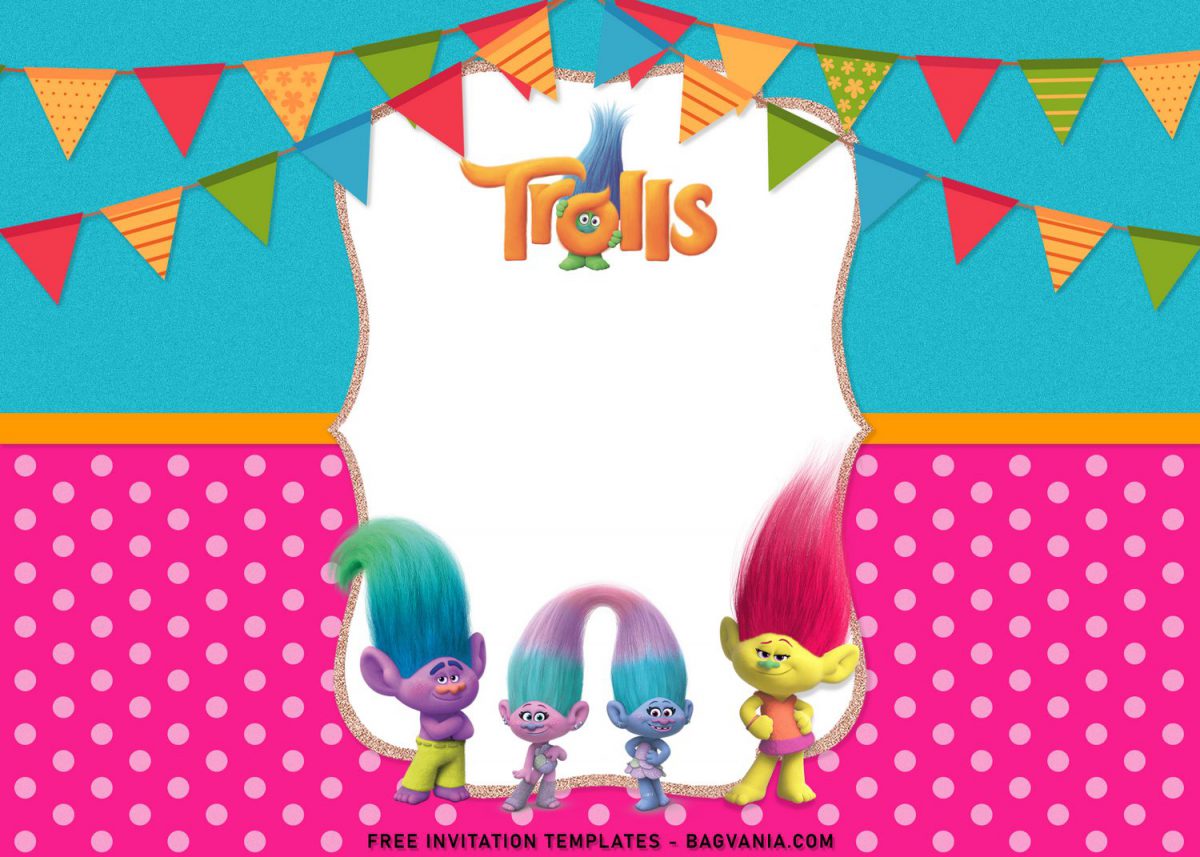 8+ Adorable Trolls Birthday Invitation Templates For Your Kid’s Birthday with pink polka dot background