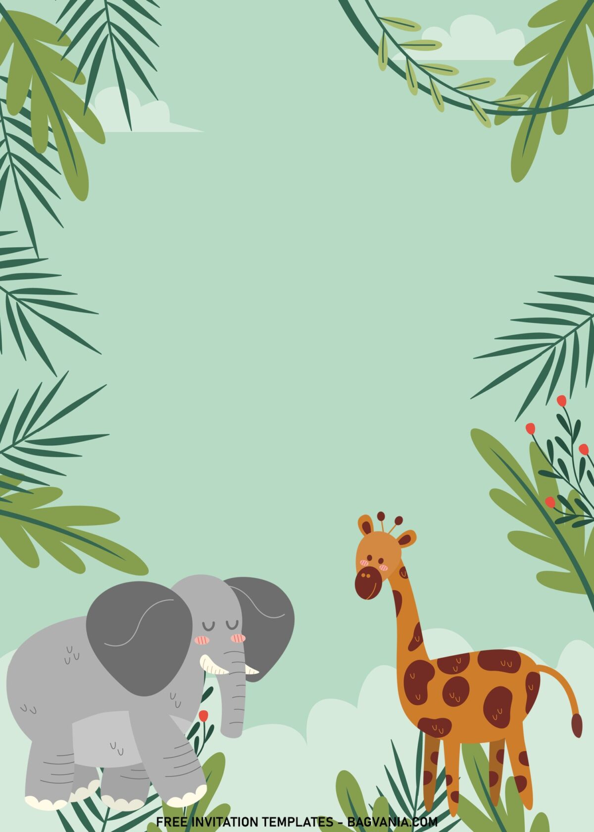 11+ Cute Safari Baby Animals Birthday Invitation Templates For Your Little Explorer with greenery leaves