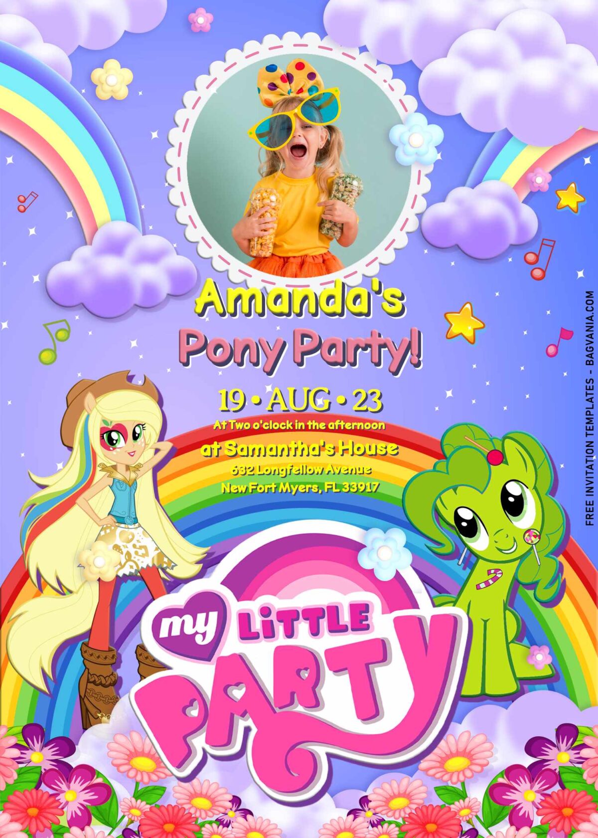 10+ Sparkling Glitter My Little Pony Birthday Invitation Templates with cute Applejack