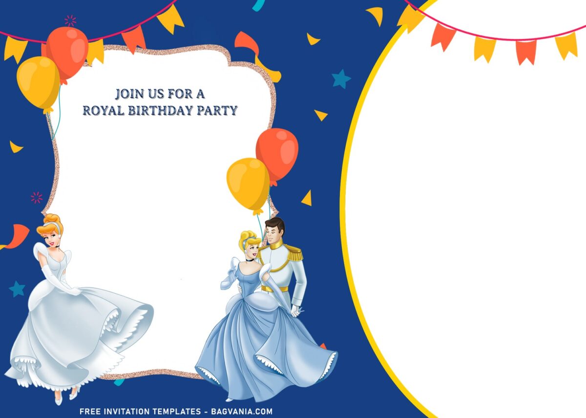 11+ Lovely Adorable Cinderella And Prince Charming Birthday Invitation Templates with colorful balloons and garland
