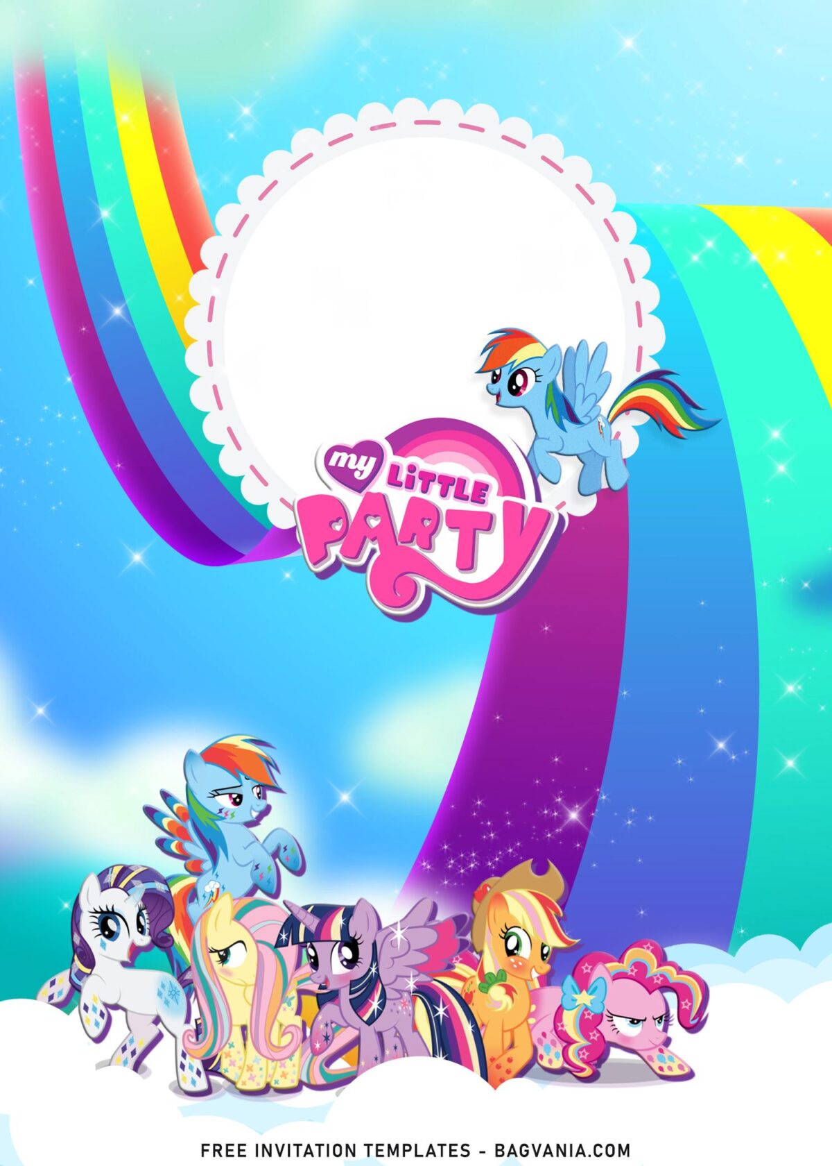 9+ Rainbow My Little Pony Birthday Invitation Templates with picture frame surrounded by cute Pony