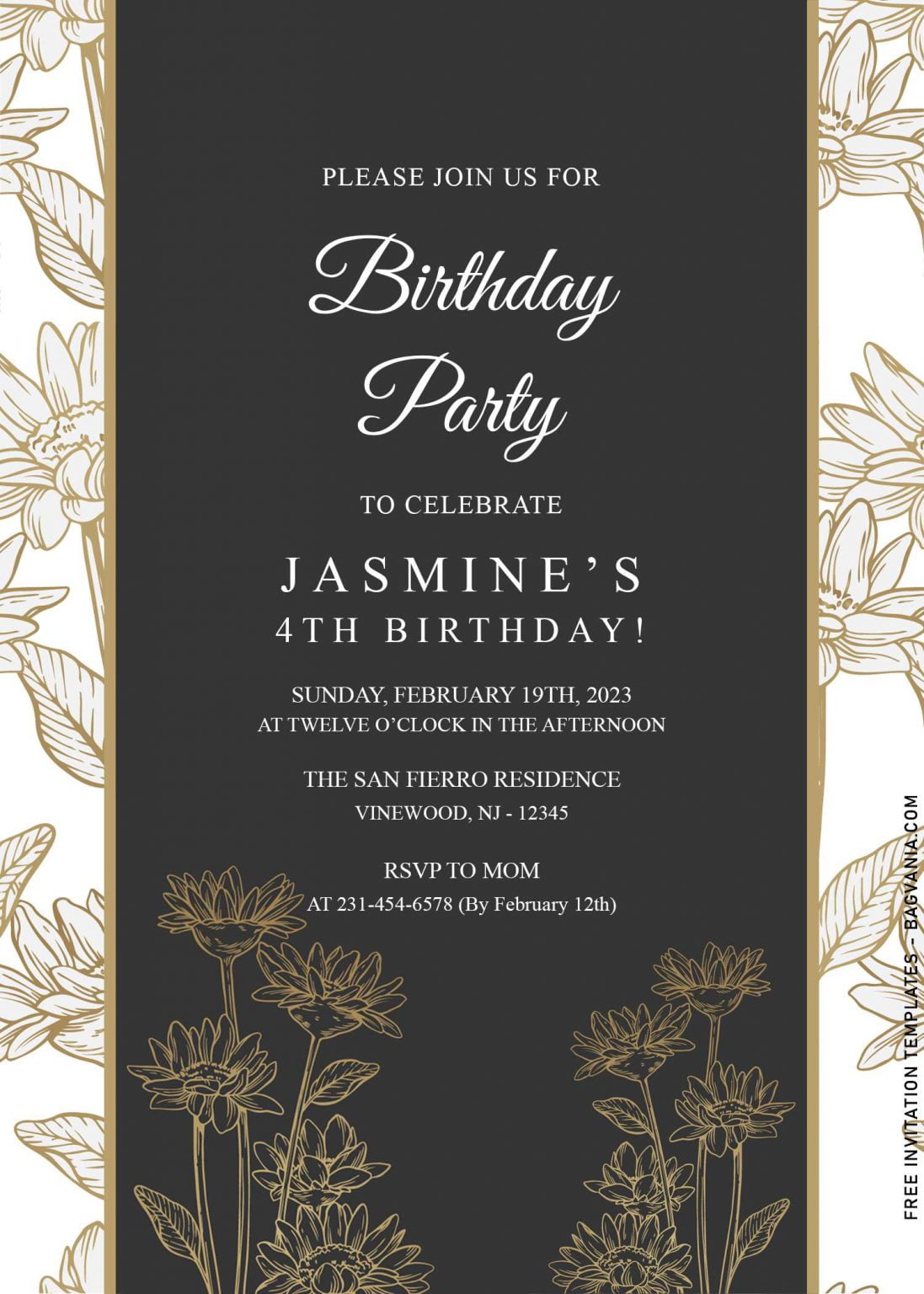 7+ Floral White And Gold Birthday Invitation Templates | FREE Printable ...