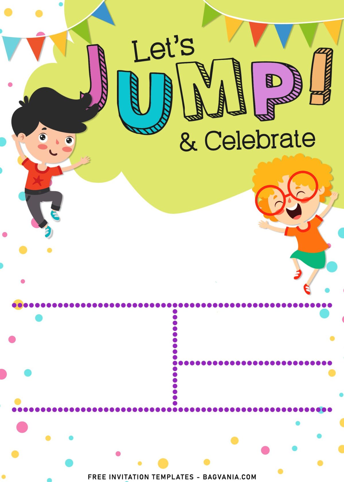 11+ Let’s Jump Party Invitation Templates For Your Kids Next Bash with colorful polka dots background
