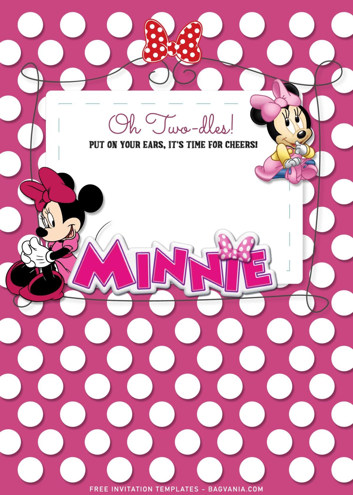 7+ Minnie Mouse Birthday Invitation Templates For Girls Birthday Of All Ages with pink background and cute text frame