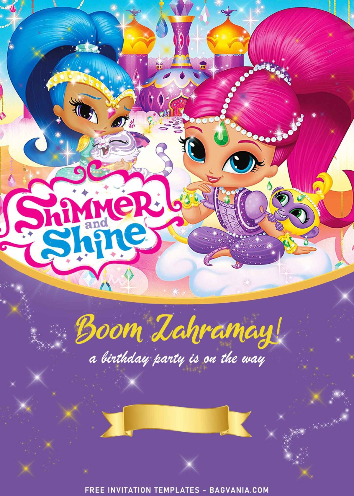 7+ Shimmer And Shine Birthday Invitation Templates with gold ribbon
