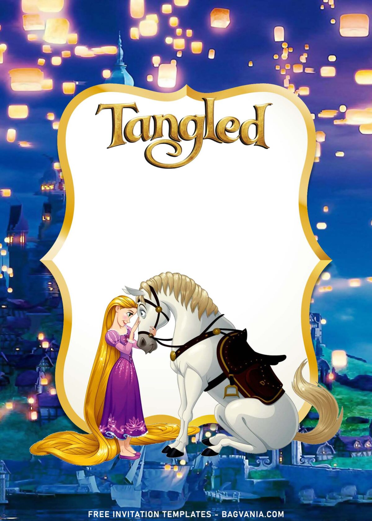 7+ Disney Tangled Rapunzel Birthday Invitation Templates with Gold Text Frame or border