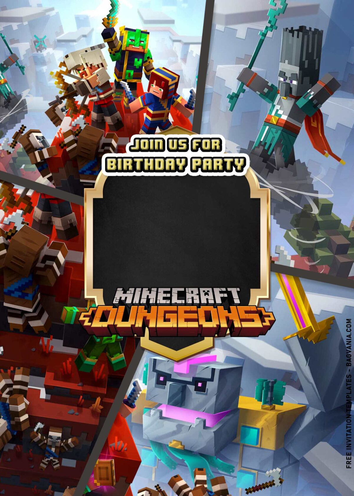 7+ Epic Minecraft Birthday Invitation Templates For Boys Birthday with Minecraft Dungeon and Jungle Awakens Characters and scene